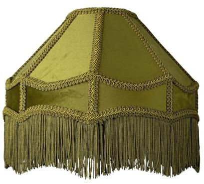 Handmade Victorian Empire Pendant Lamp Shade in Soft Olive Green Velvet with Embroidered Trims and Tassels | 30cm x 19cm | for Pendant Floor or Table Lamp by Happy Homewares
