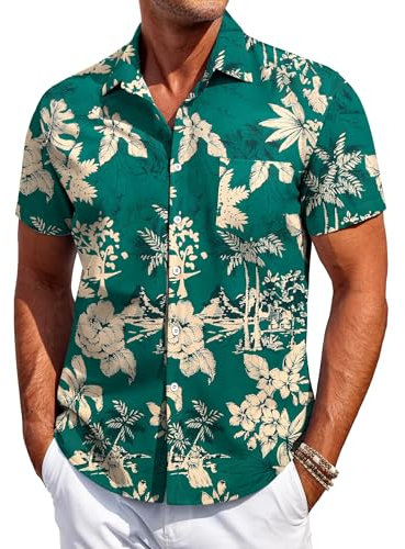 COOFANDY Mens Hawaiian Shirt Short Sleeve Casual Button Down Shirt Flower Printed Beach Tops Summer Holiday Shirt Regular Fit with Pocket Leaf-Dark Green XXXL