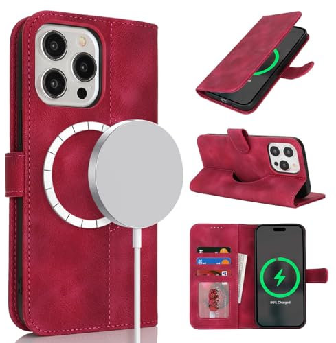 Zouzt Case for iPhone 14 Pro Max (6.7), [Compatible with MagSafe] Magnetic PU Leather Wallet Case with Card Holders and Kickstand, Wireless Charging Flip Folio Phone Cover - Vintage Red
