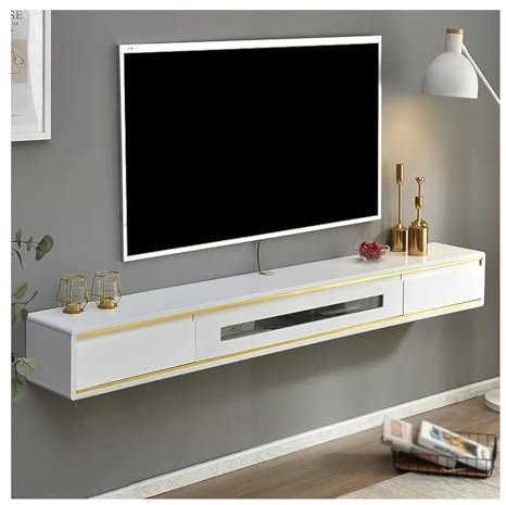 TYYCKJ Floating TV Unit,Storage Cabinet For Under TV,wall-mounted TV Cable-Management,Apartment Small Tv Cabinet With 2 Drawers And Glass Door (Color : White+Gold, Size : 150cm)