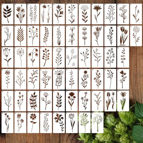 JSRQT 60Pcs Pochoirs de Fleurs Sauvages pour Peinture, Pochoirs Réutilisables en Plastique Feuilles Fleurs Stencils, Kit de Pochoirs de Peinture pour Dessin pour Bois Toile Verre Fabrication de Cartes