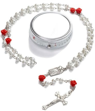 GlamRays Rosariene Pearls Catholic - Confirmation Gifts for Teenage Girls, Silver Simple Style Metal Gift Box, White Faux Pearl Rosary, Gifts for Women (Red)