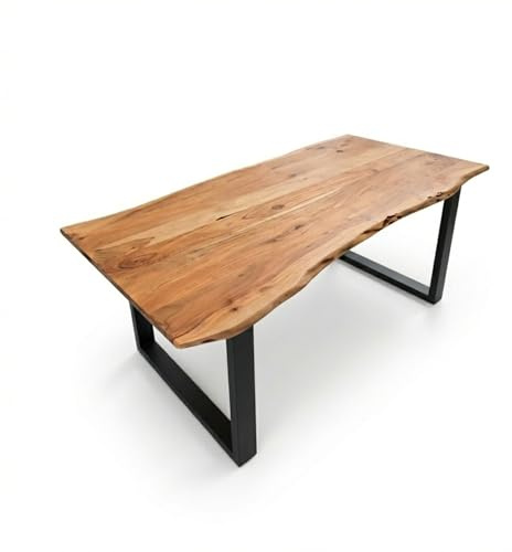 Bett11 Esstisch 160x85 cm Akazie massiv Natur U-Gestell Schwarz | 26 mm Tischplatte mit natürlicher Baumkante aus massivem Akazienholz