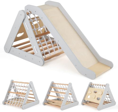 RELAX4LIFE 4 in 1 Triangolo da Arrampicata con Scivolo per Bambini, Scala per Arrampicarsi in Legno, Triangolo Montessori, Parco Divertimenti per Bimbi 1+ Anni (Grigio)