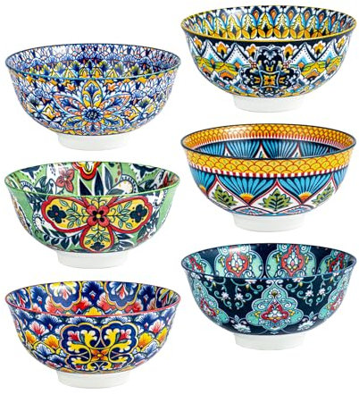 HENXFEN LEAD Porcelain Cereal Bowls for Cereal, Soup, Ice Cream and Dessert, etc. Colourful, Pack of 6 - Bohemian Style