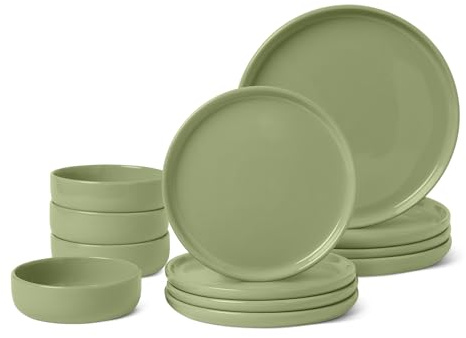 Amazon Basics Glazed Stoneware Dinnerware, 12-Piece Set, 4 Full Place Settings, Microwave and Dishwasher-Safe, Olive