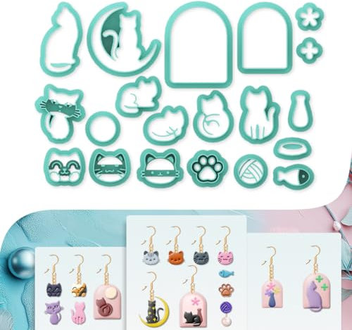 beinkmake Lot de 20 emporte-pièces en argile polymère en forme de chat, motif lune, chaton, boucles d'oreilles, bijoux en polymère pour fabrication de boucles d'oreilles, fête d'anniversaire