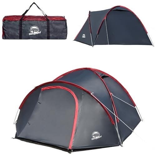 Campingzelt 3-4 Personen (doppelwandig) – leicht, stabil, wasserdicht | verdunkelter Innenraum, Moskitonetz, Fluoreszierende Abspannleine, verstärkte Heringe, Vorraum mit Bodenplane inkl. Tragetasche