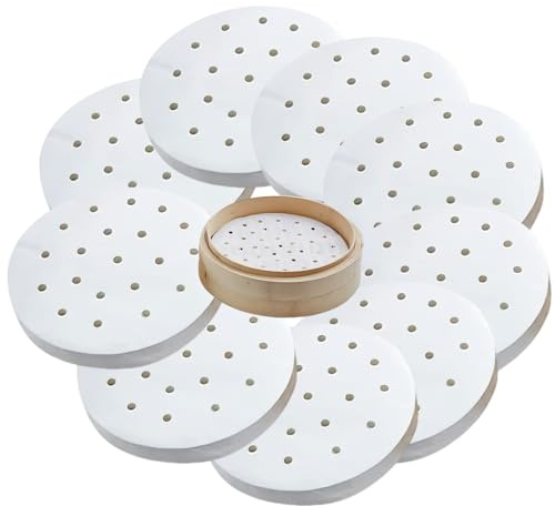 FortuneGlobe 100 Stück perforiertes Papier, 20 cm, aus Bambus, zum Dampfgaren und Dampfgaren, 100 Stück, Pergamentpapier, antihaftbeschichtet, wie Dim Sum, Luftfritteuse (100pcs 20cm)