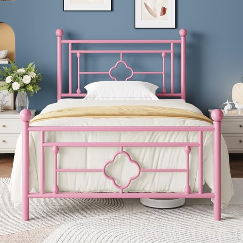 MUTICOR Metallbettgestell 90 x 200 cm mit Kopfteil und Fußteil, Rosa | Leinenoptik Bezug, Weiches Kopfteil, 11,5 cm Stauraum, 272 kg Belastbarkeit, Geräuschfrei, Einfache Montage