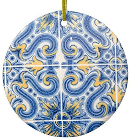 Blue And Yellow Tile, Portugal Ornament Xmas Pendants With Gold String Crafts Decor For Indoor Festival Women 7.3Cm