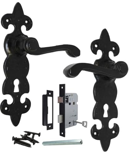 Epsom Door Handle Fleur de LYS Black Wrought Iron Door Handle Range – Traditional Cottage Style | Latch, Lock & Bathroom Options | 1, 4 or 6 Pack (Lock Version)