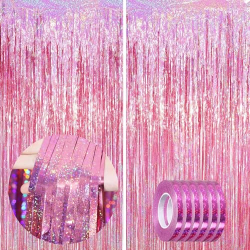 waziwe Lametta Vorhang Rosa 2.5x1m (2 Stück), 6 Rollen Luftschlangen, Glitzervorhang Lametta Perfekt für Silvester, Karneval, Fasching, Hochzeit Deko und alle Arten von festlichen Dekorationen