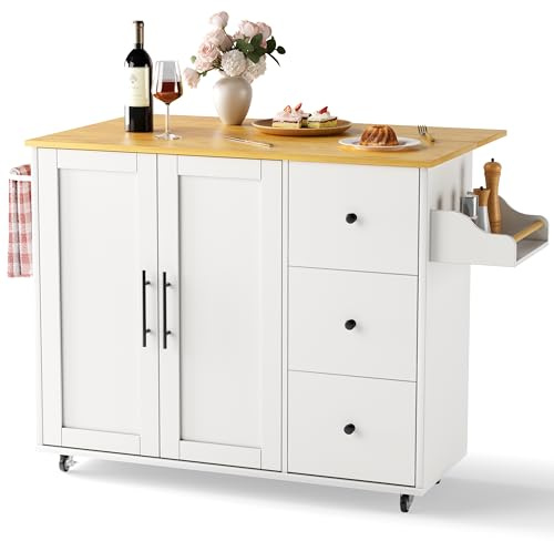 GRUSIGN 49.6 Kitchen Island on Wheels with Storage-Multifunctional Kitchen Island Cart with Drop Leaf, Rolling Island with Spice/Towel Rack,Expandable Island Table Kitchen,White