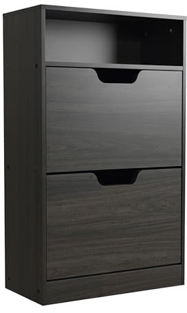 Relaxdays Schuhschrank mit Ablage, HBT 102x60x24 cm, für 8 Paar, 2 Klappen, Flur, schmaler Schuhkipper, Holzoptik, grau