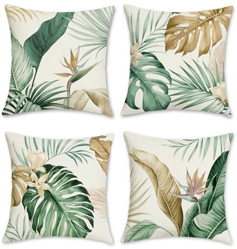 Bonhause 4er Set Kissenbezüge Tropische Blätter 40 x 40 cm Grün Braun Blätter Polyester Leinen Dekorative Kissenhülle Zierkissenbezüge für Sofa Garten Outdoor Dekoration