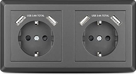 Kaifire Doppelsteckdose mit 4 USB Anschlüssen Grau, Schuko USB Steckdose System 55 unterputz Passt in Standard 2-fach Unterputzdose, Ladegerät für Smartphone Tablet MP3
