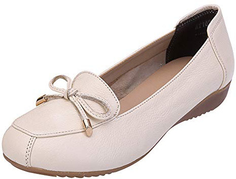 Jamron Mujer Piel Genuina Comodidad Zapatos Suela Blanda Corbatín Bailarinas Talón de Cuña Baja Pantuflas Beige SN020628 EU35