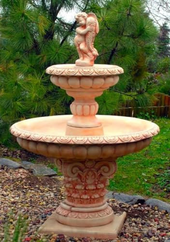 Casa Padrino Jugendstil Gartenbrunnen Junge mit Goldfisch Beige/Rot Ø 114 x H. 171 cm - Gartendeko Brunnen - Springbrunnen