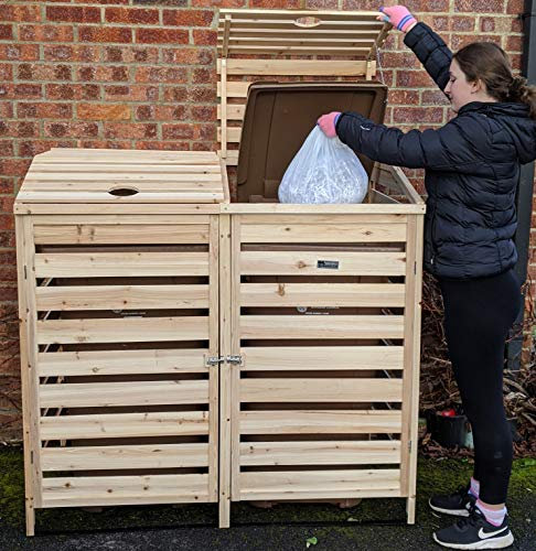 BinGarden Double Bin Store Wooden Slatted Wheelie Bin Storage with Bi-Fold Roof Garbage Cover Trash Garden Shed Tidy Outdoor Hideaway for up to 240L Bins / 65G Cans Hide Dustbin Natural Colour