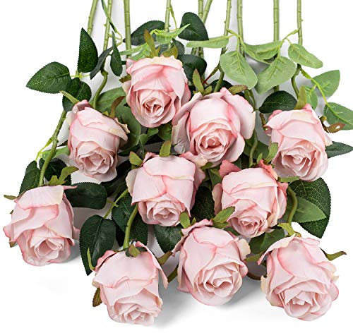 Flojery 10pcs Künstliche Rose Blumen Langer Stiel Gefälschte Seidenrosen für DIY Hochzeitsstrauß Tisch Herzstück Wohnkultur (Hellrosa)