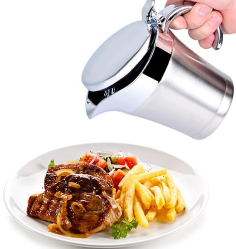 HERCHR Saucière avec Couvercle à Charnière, Saucière en acier inoxydable, Acier Inoxydable Double Isolation Saucière/Sauce Pichet Capacité 450 ml pour Les Fournitures de Cuisine jus de Sauce Tomate