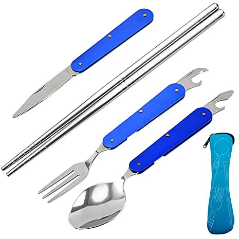 Funda Cubiertos Camping, Juego de Cubiertos de Viaje, Vajilla, Cuchara de Acero Inoxidable, Tenedor, Abridor de Botellas, Palillos para Picnic, Senderismo, Actividades Al Aire Libre, 4 Piezas