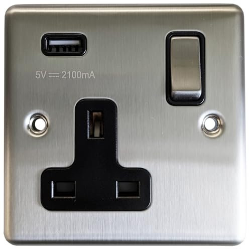 1 Gang Single 13A Switched UK Plug Socket & 2.1A USB Charger - SATIN STEEL & Black Trim - Mains 240V 13A DP/Double Pole – Decorative Kitchen Wall Face Plate Power Outlet