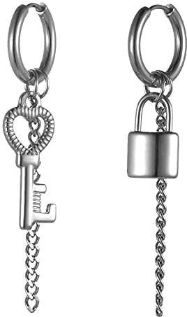 JewelryWe Schmuck Ohrringe Creolen mit Schloss, Schlüssel und Kette Anhänger Edelstahl Hängend Ohrhänger Huggie Ohrstecker Geschenke für Herren Damen Silber