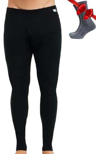 Merino Wool Base Layer Men Leggings Pants 100% Merino Wool Thermal Underwear Long Johns Light, Mid, Heavyweight + Hiking Socks (Small, 165 Black)