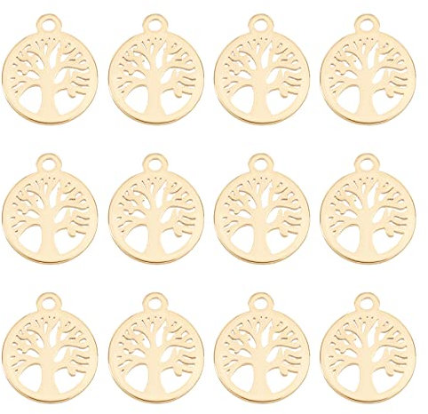 UNICRAFTALE 12 Stück Golden Flach Rund Baum Charms Edelstahl Anhänger Metall Kleines Loch Baum des Lebens Charms Für Halsketten Armbänder Schmuckherstellung, Loch 1.2 mm