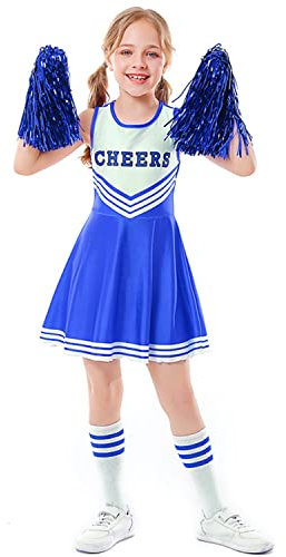 LOLANTA Cheerleader Kostüm Kinder, Cheerleadering Outfit Mädchen mit Pompons(10-11 Jahre,Blau,Tag 150)
