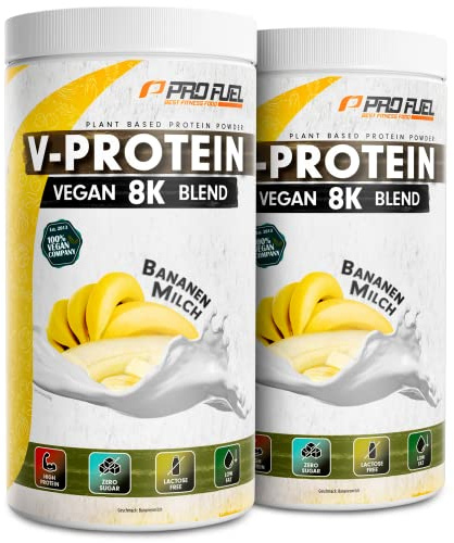 Vegan Protein – BANANENMILCH (2x750g) - V-Protein 8K Blend - lecker & cremig - mit 8 Protein-Quellen aus Sonnenblume, Reis, Erbse, Hanf, Kürbis uvm. - pflanzliches Proteinpulver mit 81% Eiweiß