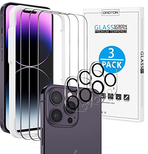 OMOTON für iPhone 14 Pro Panzer Schutz Glas mit Rahmen-Installationshilfe, kompatibel mit iPhone 14 Pro Kamera Schutzfolie, [3+3 Stück], [Anti- Kratzer], [Bläschenfrei], [9H Härte], [HD-Klar]