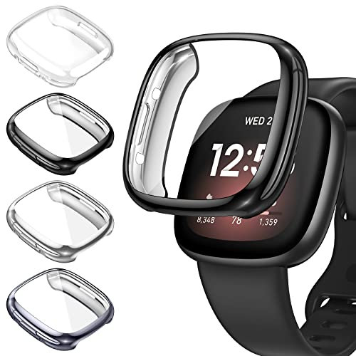 [4Stück] Kamita Schutzhülle für Fitbit Versa 4/Sense 2 Hülle, Weiche TPU Bumper Case mit Schutzfolie, Rundum Schutz Cover Ultradünne Gehäuse für Fitbit Versa4/Sense2 (Klar+Schwarz+Silber+Metallfarbe)