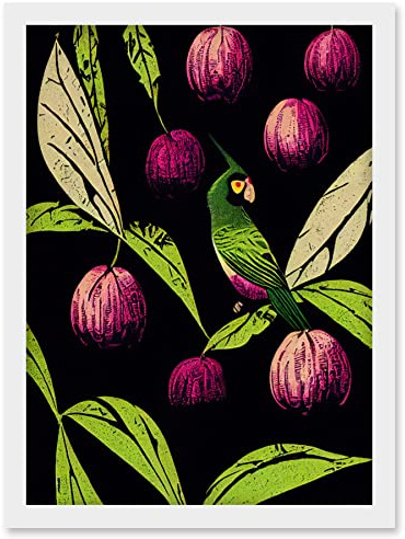 Wee Blue Coo Parrot in Tree Fruit Bright Green and Purple Black Colour Linocut Illustration Modern Vintage Artwork Framed Wall Art Print A4