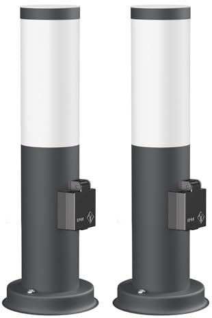 ledscom.de 2 Stück Pollerleuchte PORU mit Steckdose für außen, anthrazit, rund, 38,5cm, inkl. E27 Lampe, max. 963lm, warmweiß