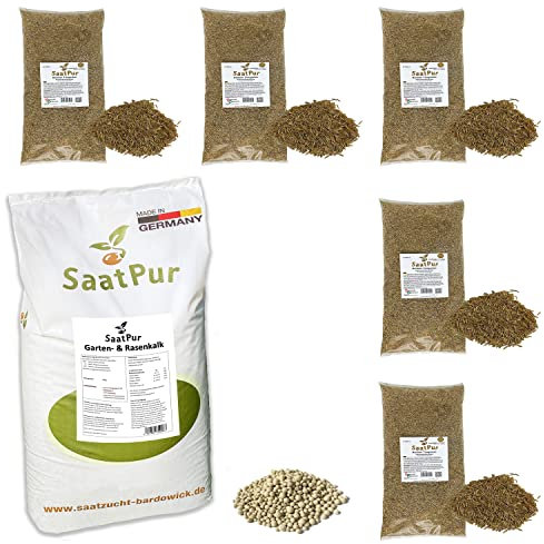 SaatPur® Set aus 20 kg Rasenkalk und 5 x 1kg Rasensamen Berliner Tiergarten, Gartenkalk gegen Moos und saure Böden, Rasen für ca. 200 m², Mehrjähriger Gebrauchsrasen