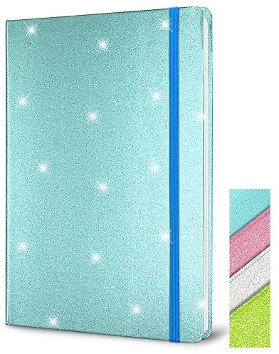 GINMLYDA Blau Glitzer Notizbuch A5 Liniert, 21x14,5cm 80 Blätter Funkelnder Glitzer Löst Sich Nie Ab Notizbuch Blanko Hardcover Tagebuch Mädchen Geschenke für Schreiben Home Office Schule Arbeit