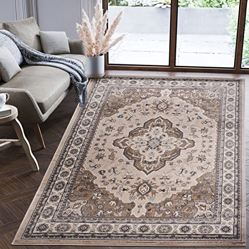 Mazovia Groß Teppich Flur 300x400cm Creme Klassisch Traditionell Weich | Teppich für Eingangsbereich Küche Büro Wohnzimmer Schlafzimmer Beige Pflegeleicht Fußbodenheizungsgeeignet Mittelflor Elegant