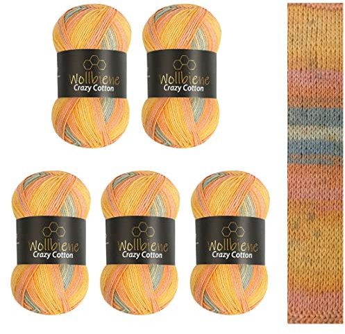 5 x 100g Wollbiene Crazy Cotton Batik 500 Gramm mit Farbverlauf 55% Baumwolle mehrfarbig Multicolor Strickwolle Häkelwolle Wolle Ganzjahreswolle (5030 grau orange gelb)