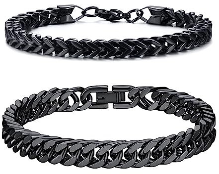 GoPaw 2 Stück Herren Armband Panzerkette, Edelstahl Herren Armband Schwarz Silber Panzerkette Armbänder Hip Hop Jewelry Cuban Link Chain Armbänder für Männer Jungs (Schwarz-19cm)