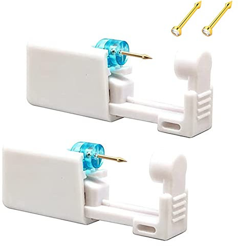 Amotorfly 2 Stück Einweg Nasenpiercing Stecher Set, Steriles Nasenpiercing Set Werkzeug mit 2 Nasenstecker, Sicherheit Tragbares Selbst Nasenpiercing Set, Gold Color Nasenstecker
