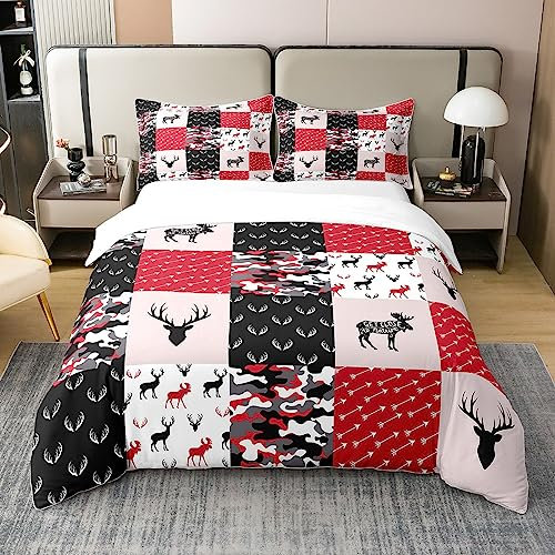 100% Baumwolle Jungen Camo Bettwäsche Set,Hirsch Silhouette Bettbezug 135x200 für Kinder Erwachsene,Schwarz Weiß Rot Camouflage Tröster Bezug,Geweih Gitter Karierte Quilt Cover mit 1 Kissenbezug