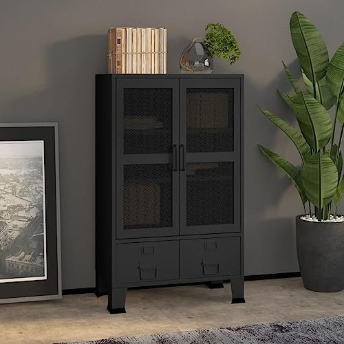 KOIECETA Lagerschrank Industrie-Stil Sideboard Kommode Anrichte Metallschrank Schrank Beistellschrank Bücherschrank 70x40x115cm Metall Schwarz