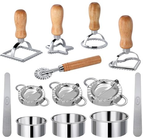14 Pieces Upgraded] 6 Pieces Ravioli Maker Cutter Stamp Set with Wooden Handle Four Shapes and 7 Pieces Stainless Steel Dumplings Maker Three Sizes–For Ravioli, Pasta, Dumplings, Lasagna, Pierogi