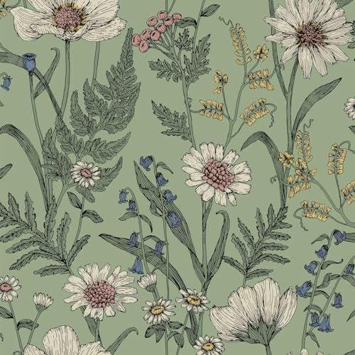 Wild Meadow Sage Green Wallpaper - Floral Flowers Petals Naturistic Blossom Feature Wall - Classic Vintage Paste The Wall