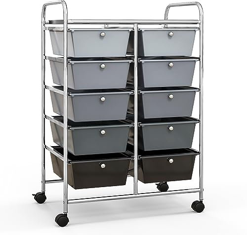 GIANTEX Rollwagen mit 10 Schubladen stapelbar, Schubladenwagen Badrollwagen Küchenwagen mit feststellbaren Rollen, Aufbewahrungswagen Haushaltswagen für Küche Bad Büro 65,5x37x87cm Hellgrau+Schwarz