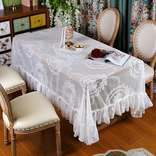 Vintage Weiße Spitze Tischdecke Blumen Bestickte Rüschen Rechteckige Tischtuch, französische rustikale Häkeltischdecke für Hochzeit Party Bankett Dekoration, 110x160cm