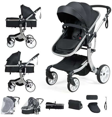 COSTWAY 2 in 1 Kinderwagen faltbar, Kombikinderwagen mit verstellbarer Rückenlehne & Verdeck, Reisebuggy tragbar mit Sonnenschutz, Wickeltasche für Baby bis 3 Jahren, 25 kg Belastbar (Schwarz)